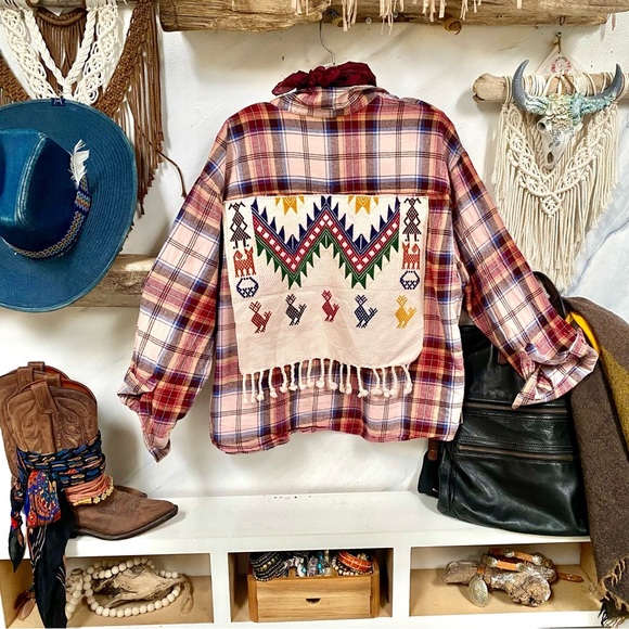 Upcycled Navajo FRINGE flannel shirt w cabin southwestern vibe - Picture 2 of 12